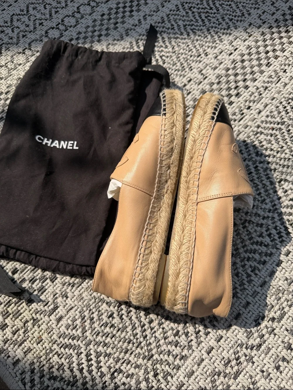 CHANEL Beige Leather Espadrilles with Black Cap Toe